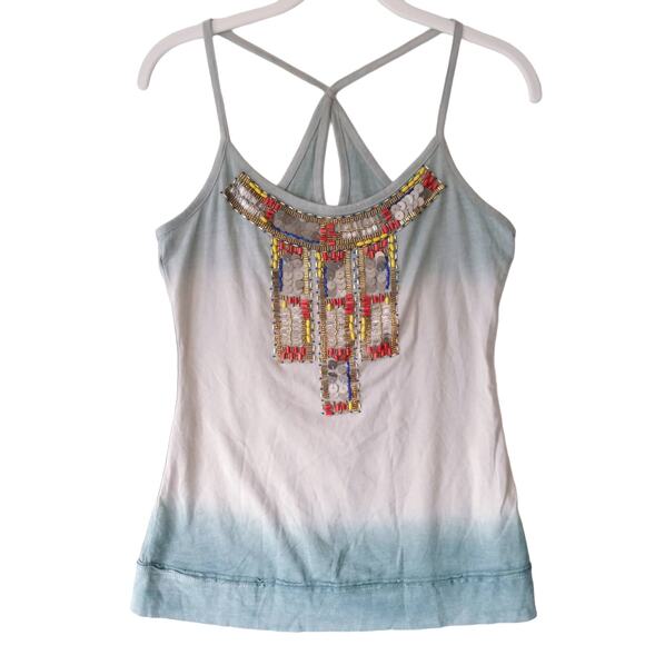 Womens S Beaded Tank Top Boho Hippie Blue Gray Ombre Racerback Keyhole Festival - Picture 1 of 9